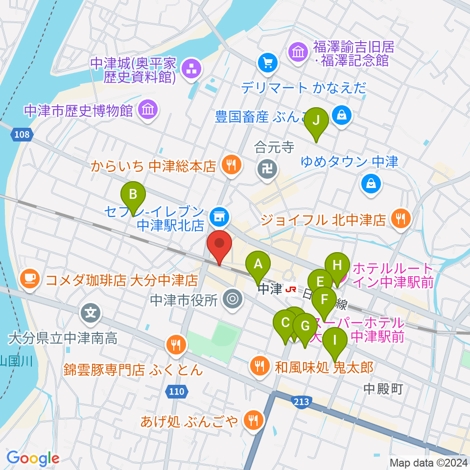 中津Aco-Place プレイヤー楽器店周辺のホテル一覧地図