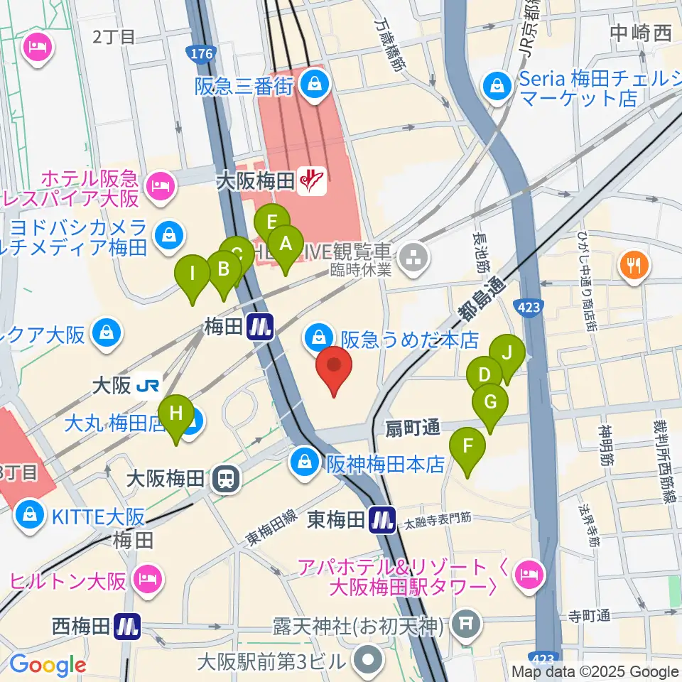 阪急うめだホール周辺のホテル一覧地図