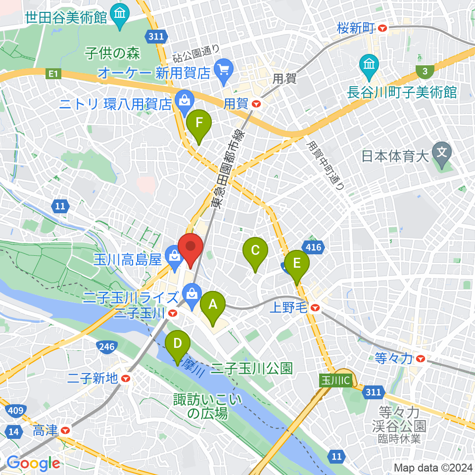 二子玉川 東京音実劇場周辺のホテル一覧地図