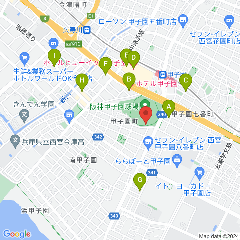 阪神甲子園球場周辺のホテル一覧地図