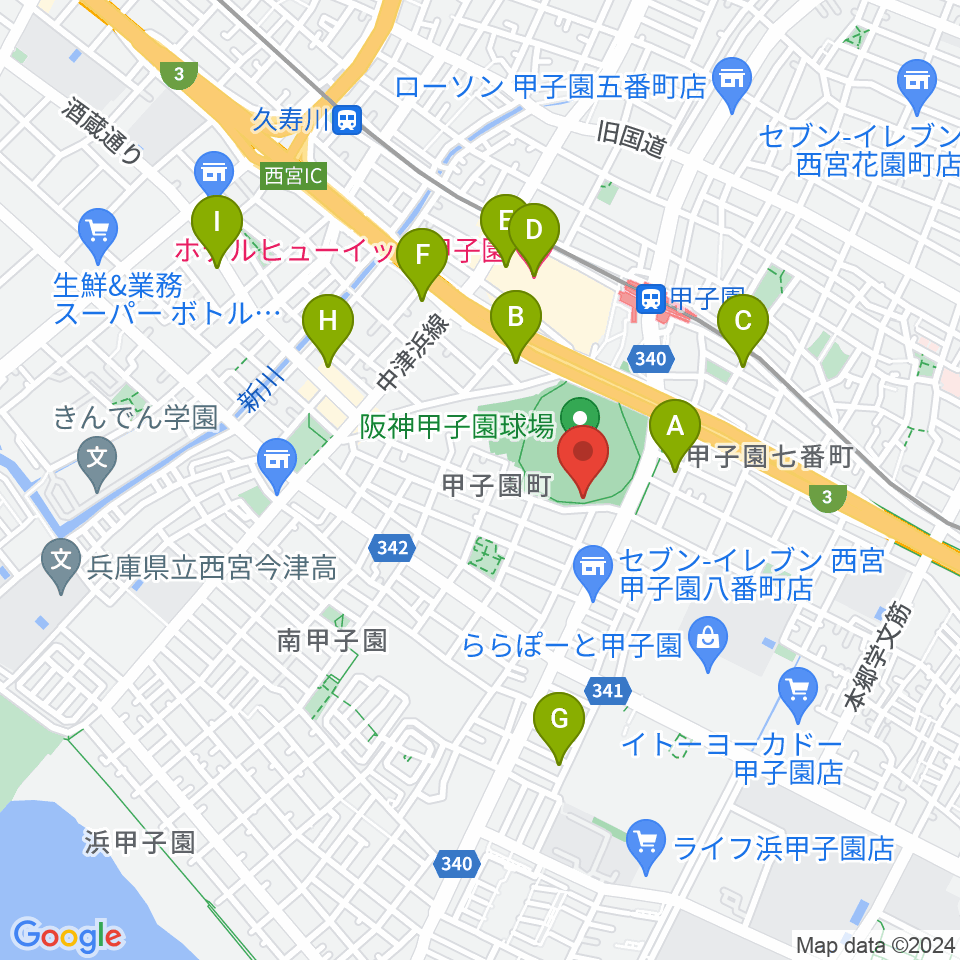 阪神甲子園球場周辺のホテル一覧地図