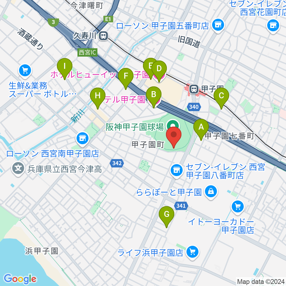 阪神甲子園球場周辺のホテル一覧地図