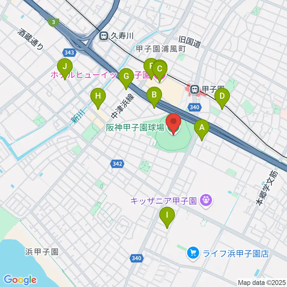 阪神甲子園球場周辺のホテル一覧地図