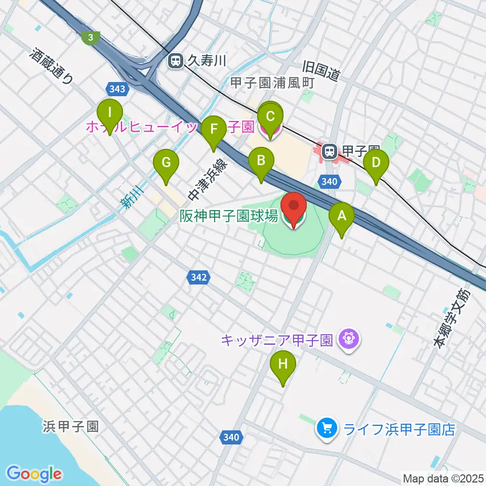 阪神甲子園球場周辺のホテル一覧地図