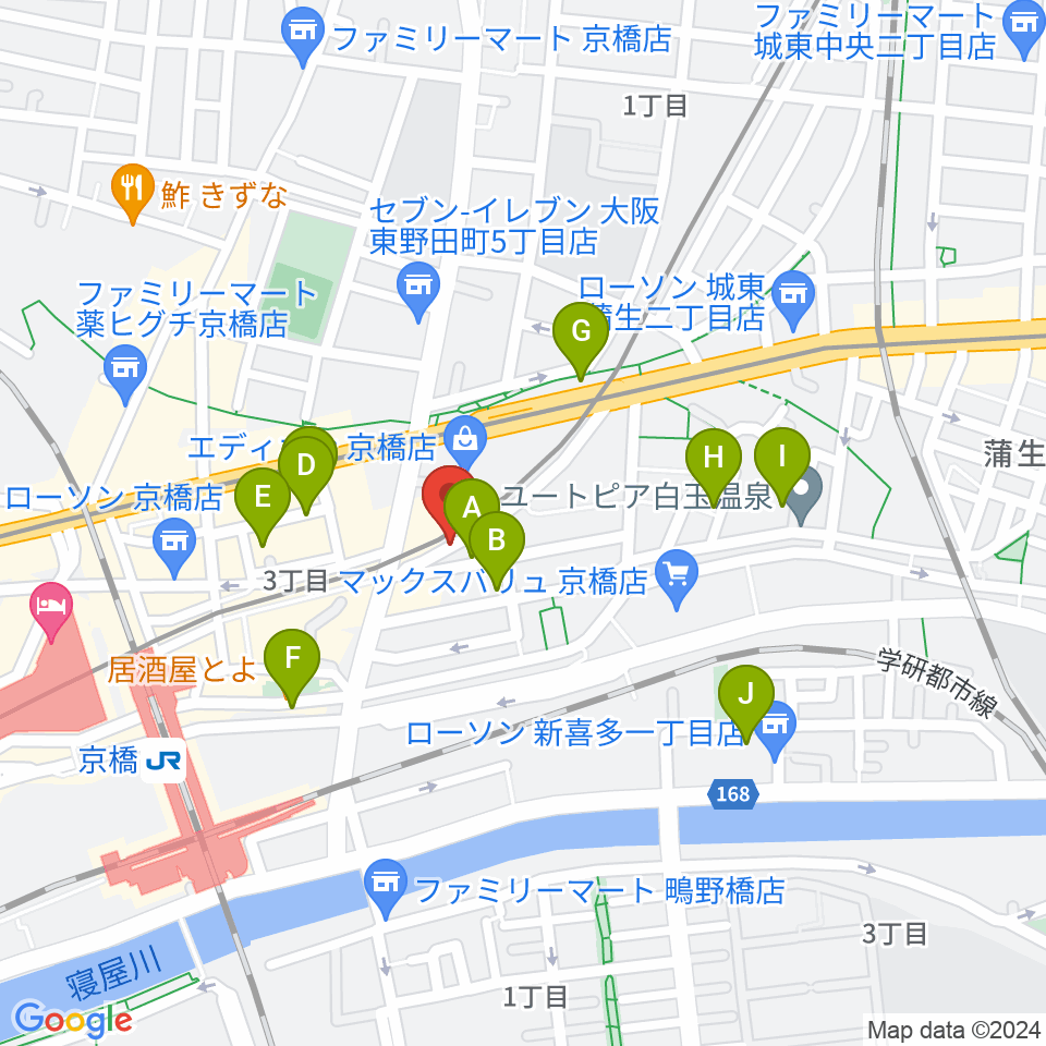 ベースオントップ京橋店周辺のホテル一覧地図