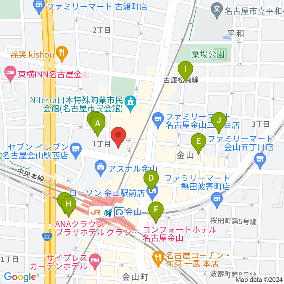 ヨモギヤ楽器 金山センター周辺のホテル一覧地図