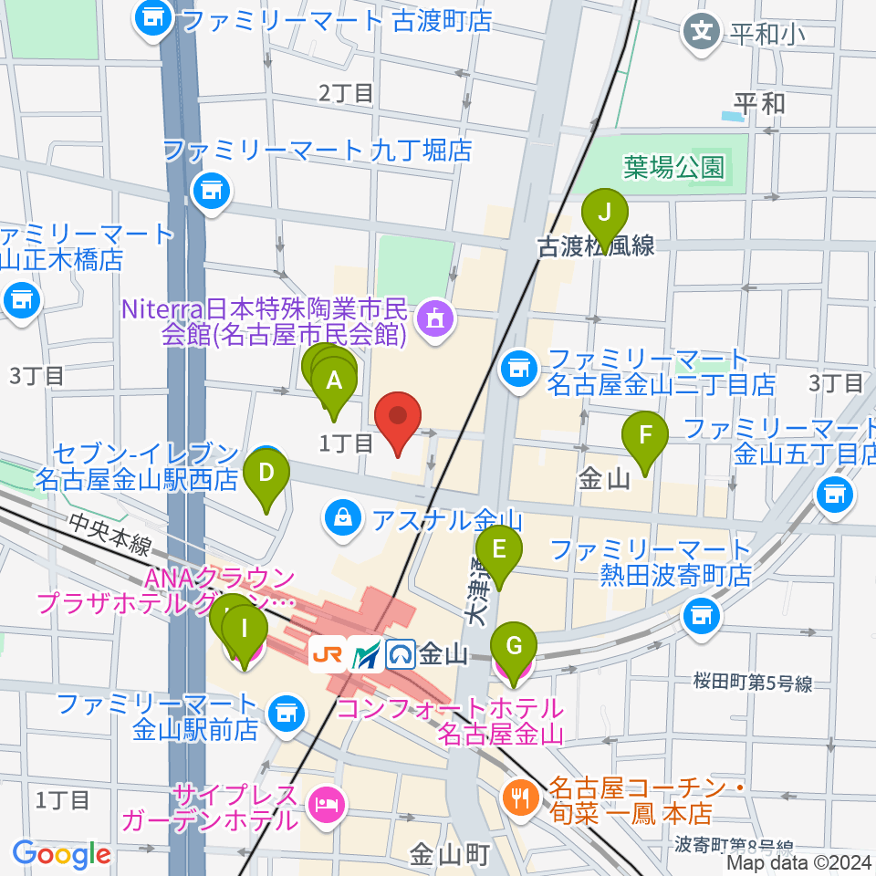 ヨモギヤ楽器 金山センター周辺のホテル一覧地図