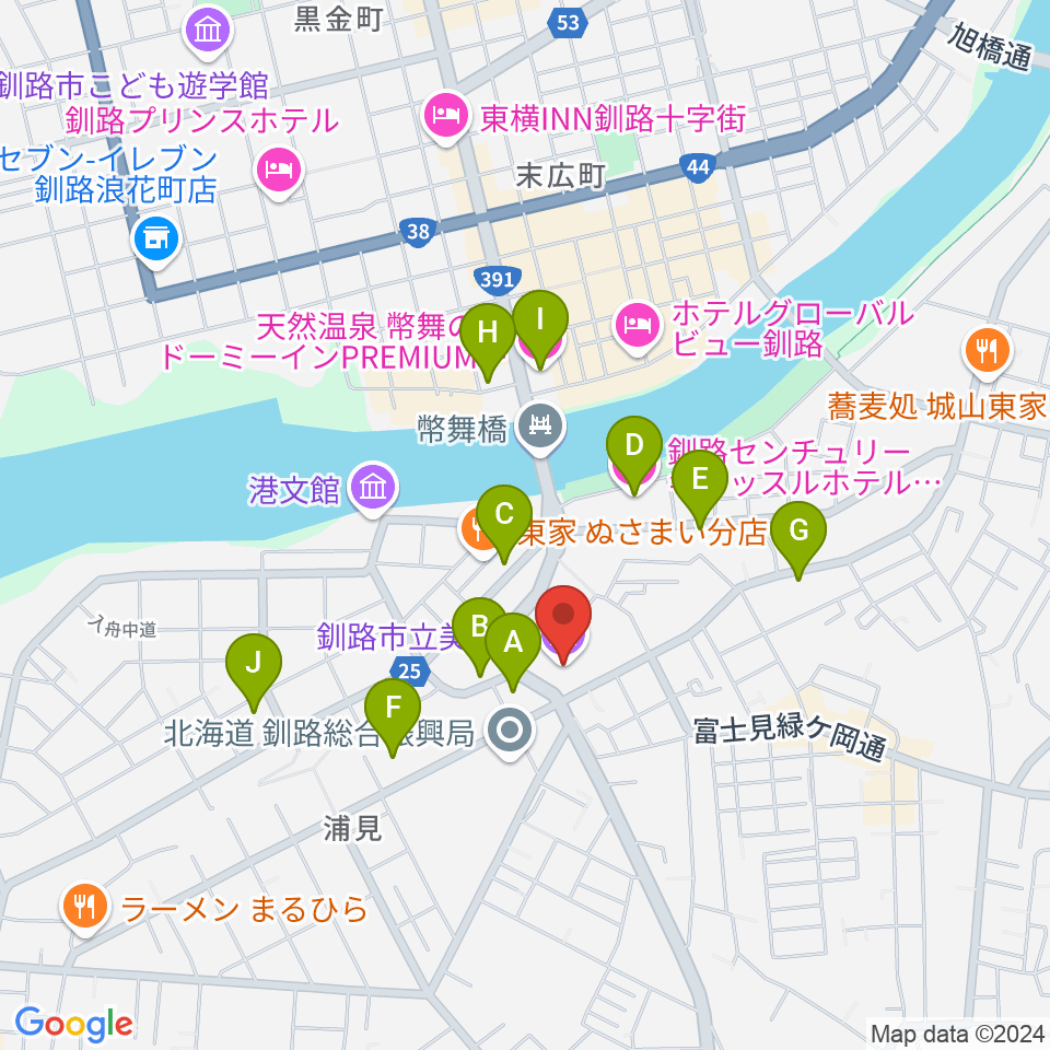 釧路市生涯学習センター まなぼっと幣舞周辺のホテル一覧地図