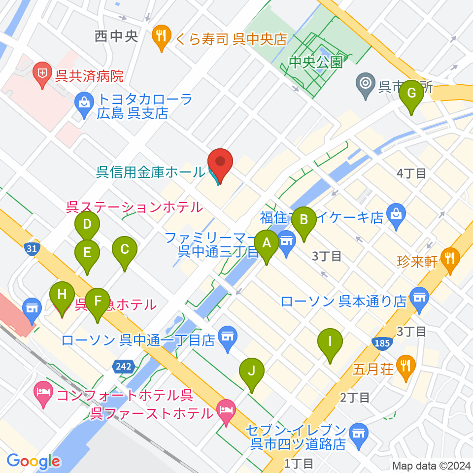 呉信用金庫ホール（呉市文化ホール）周辺のホテル一覧地図