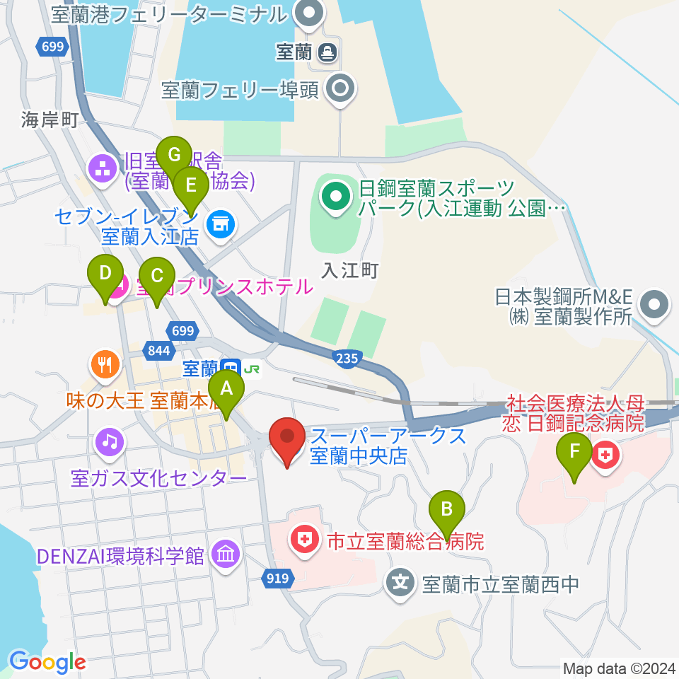 エルム楽器スーパーアークス室蘭中央センター周辺のホテル一覧地図