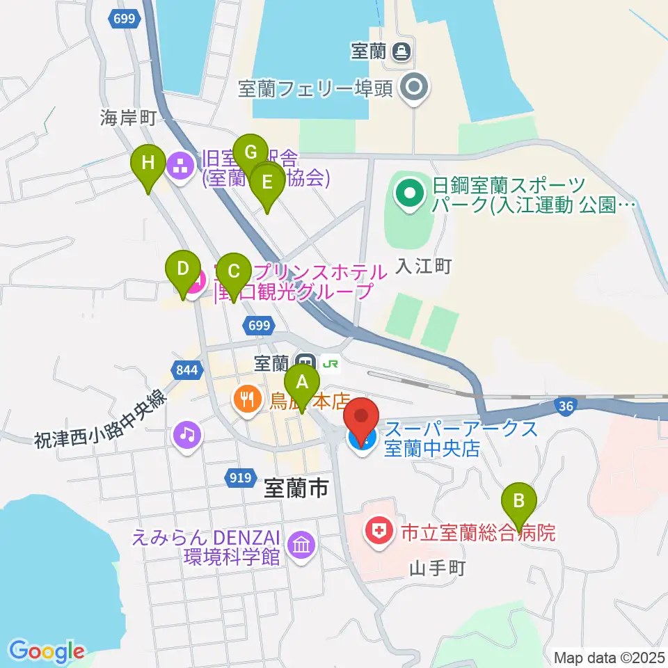 エルム楽器 スーパーアークス室蘭中央センター周辺のホテル一覧地図