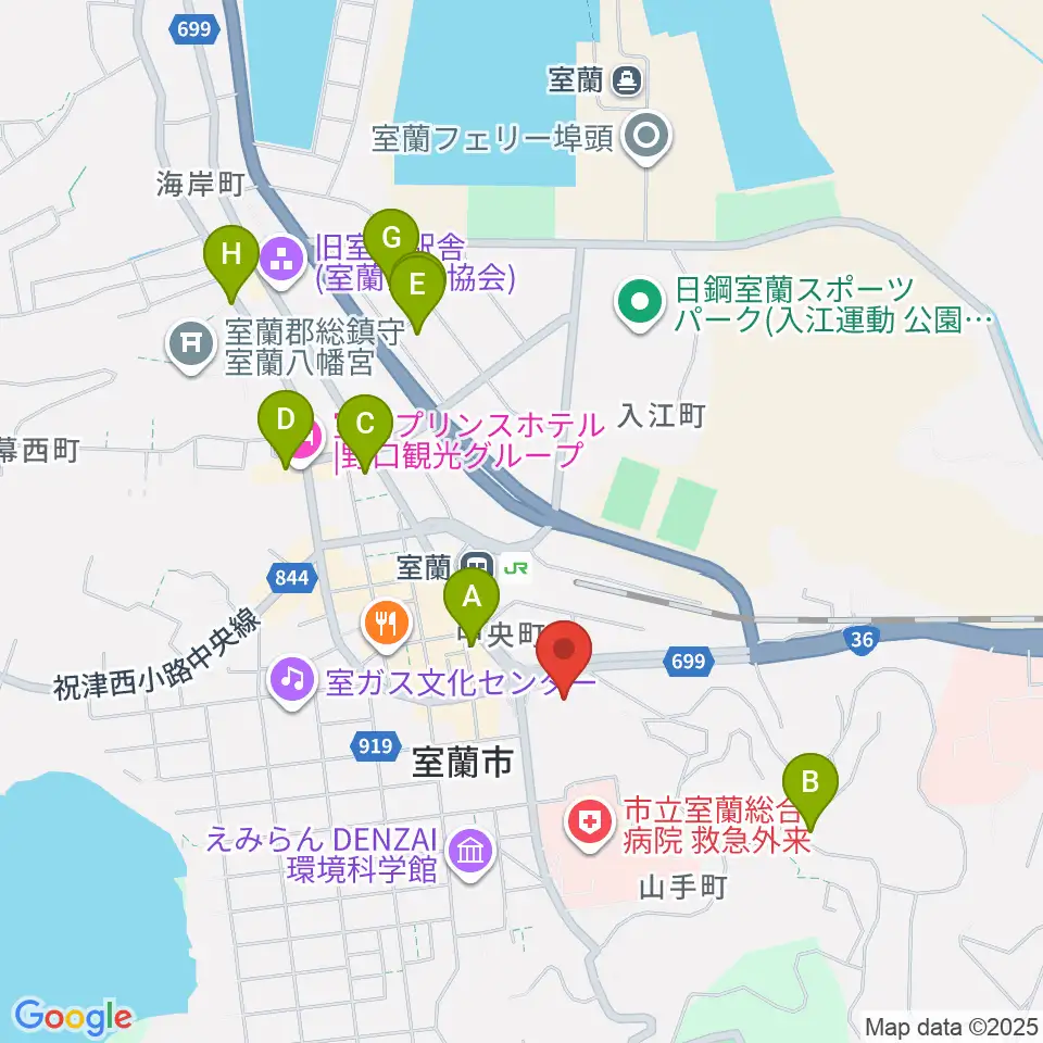 エルム楽器 スーパーアークス室蘭中央センター周辺のホテル一覧地図