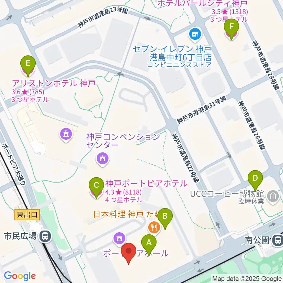 神戸ポートピアホール周辺のホテル一覧地図