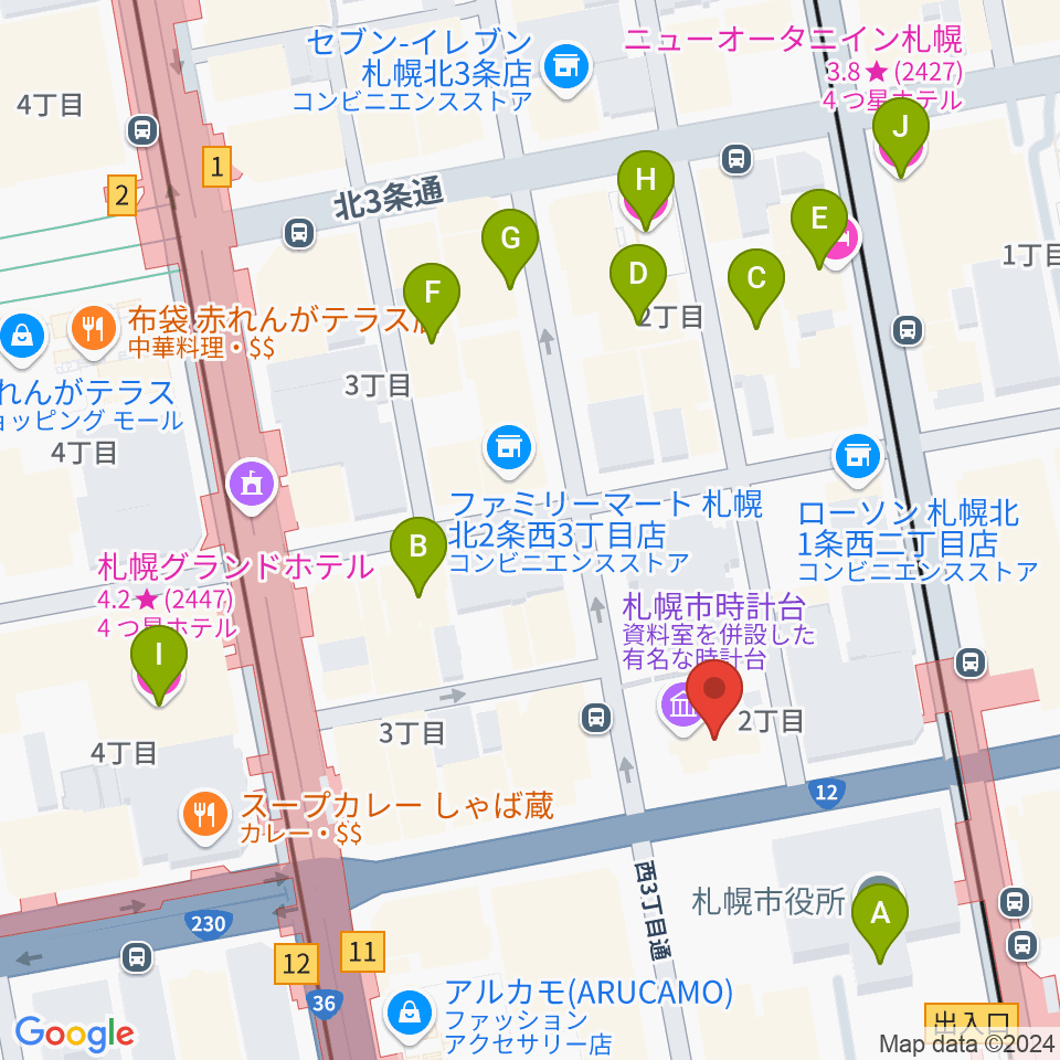 時計台ホール周辺のホテル一覧地図