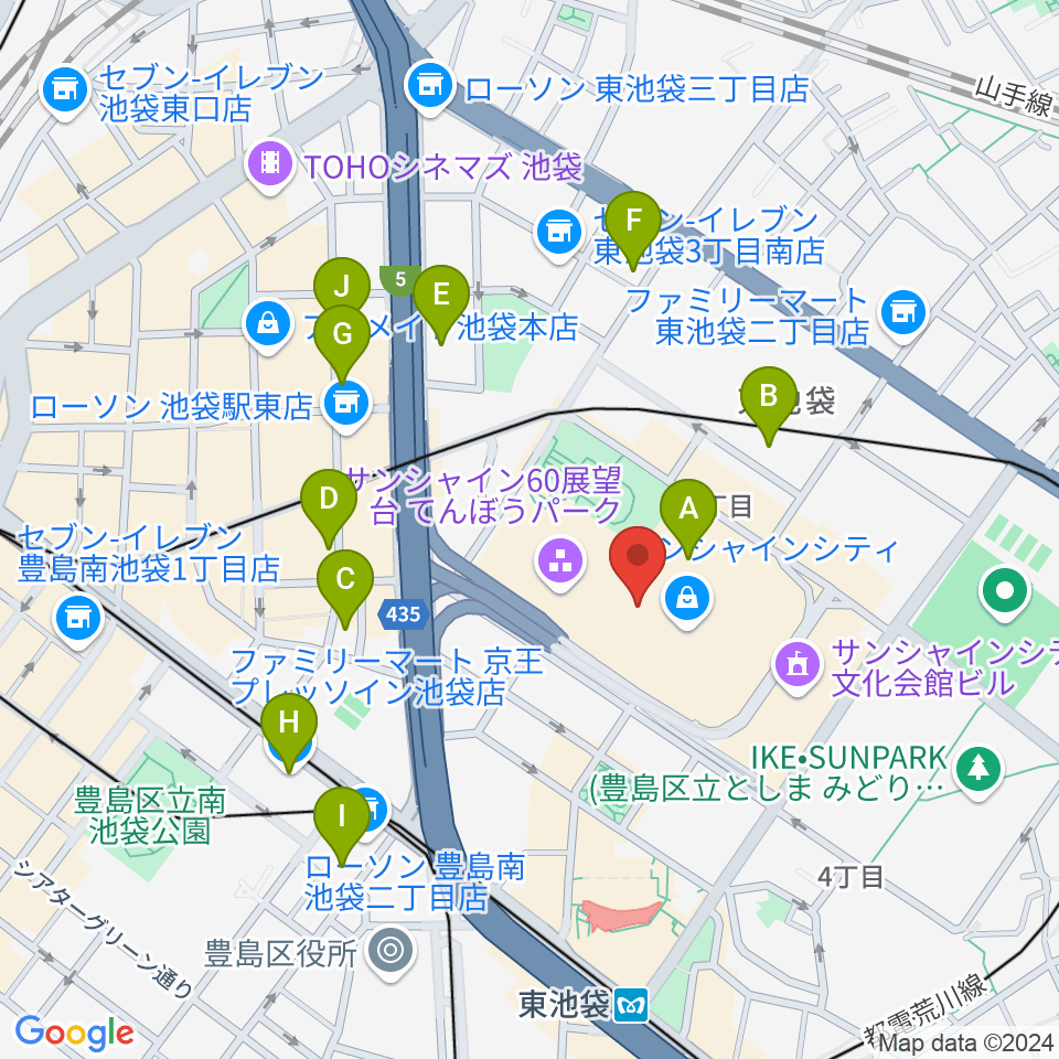 サンシャインシティ噴水広場周辺のホテル一覧地図