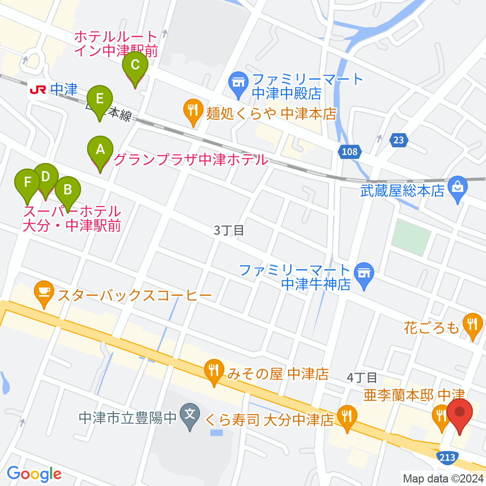 ミュージックストアナガト中津店周辺のホテル一覧地図