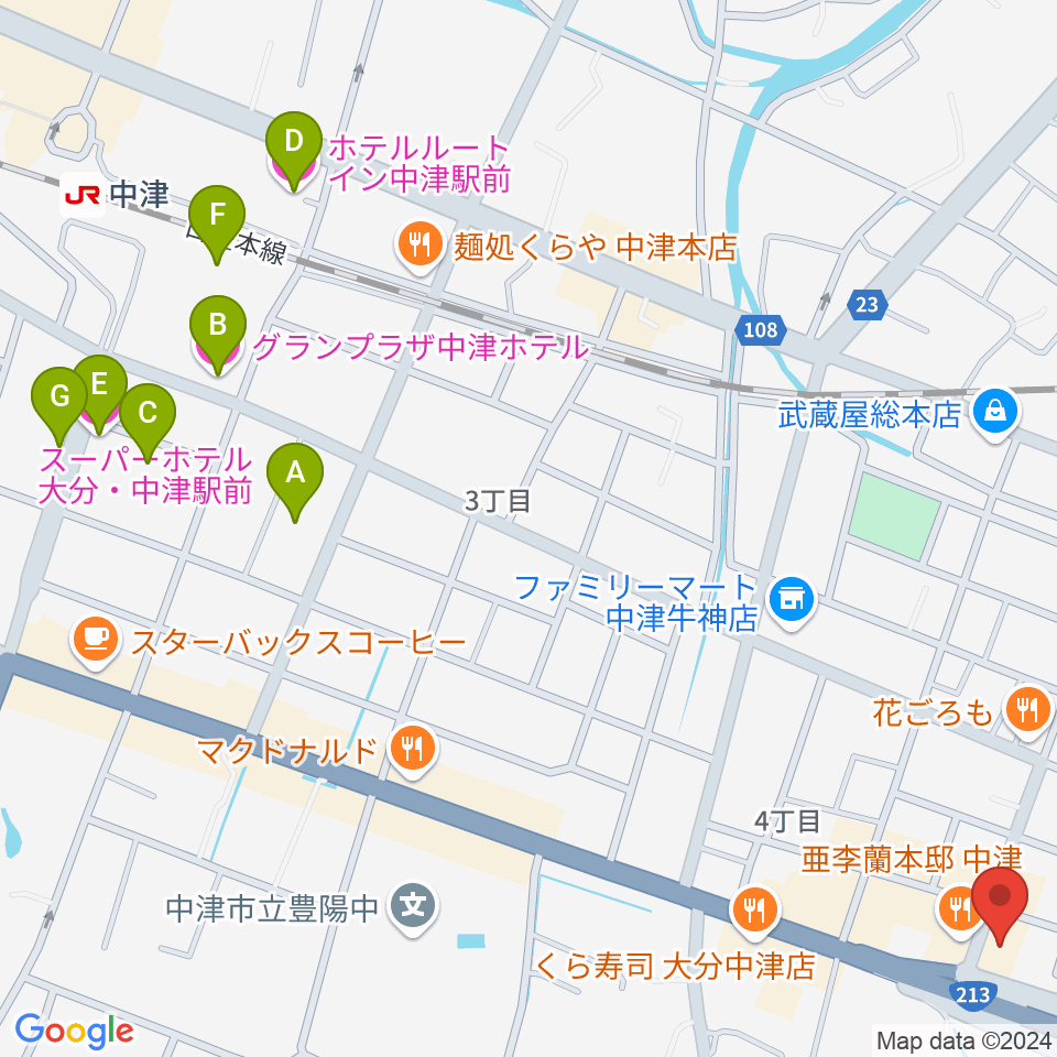 ミュージックストアナガト中津店周辺のホテル一覧地図