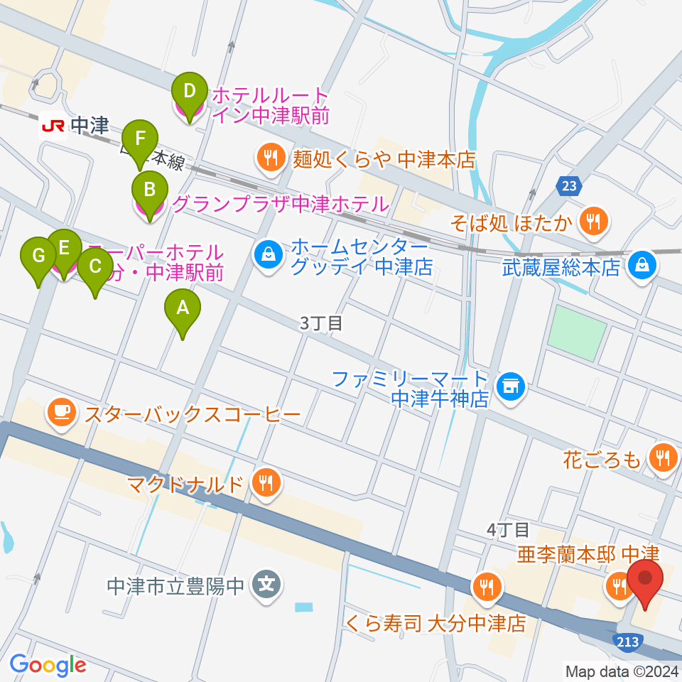 ミュージックストアナガト中津店周辺のホテル一覧地図