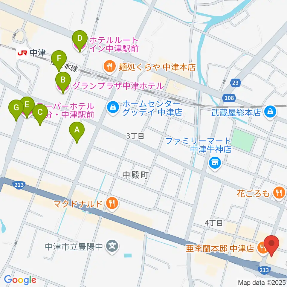 ミュージックストアナガト中津店周辺のホテル一覧地図