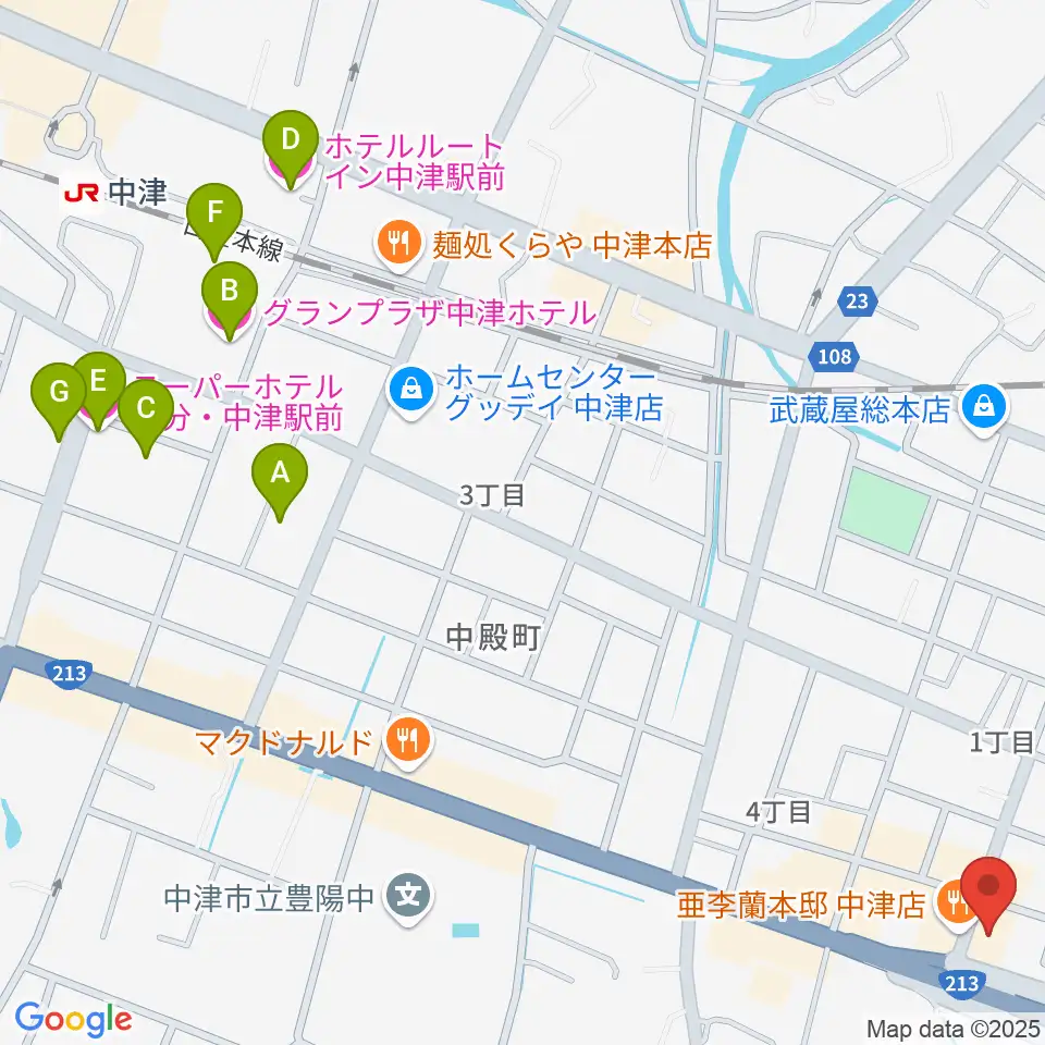 ミュージックストアナガト中津店周辺のホテル一覧地図