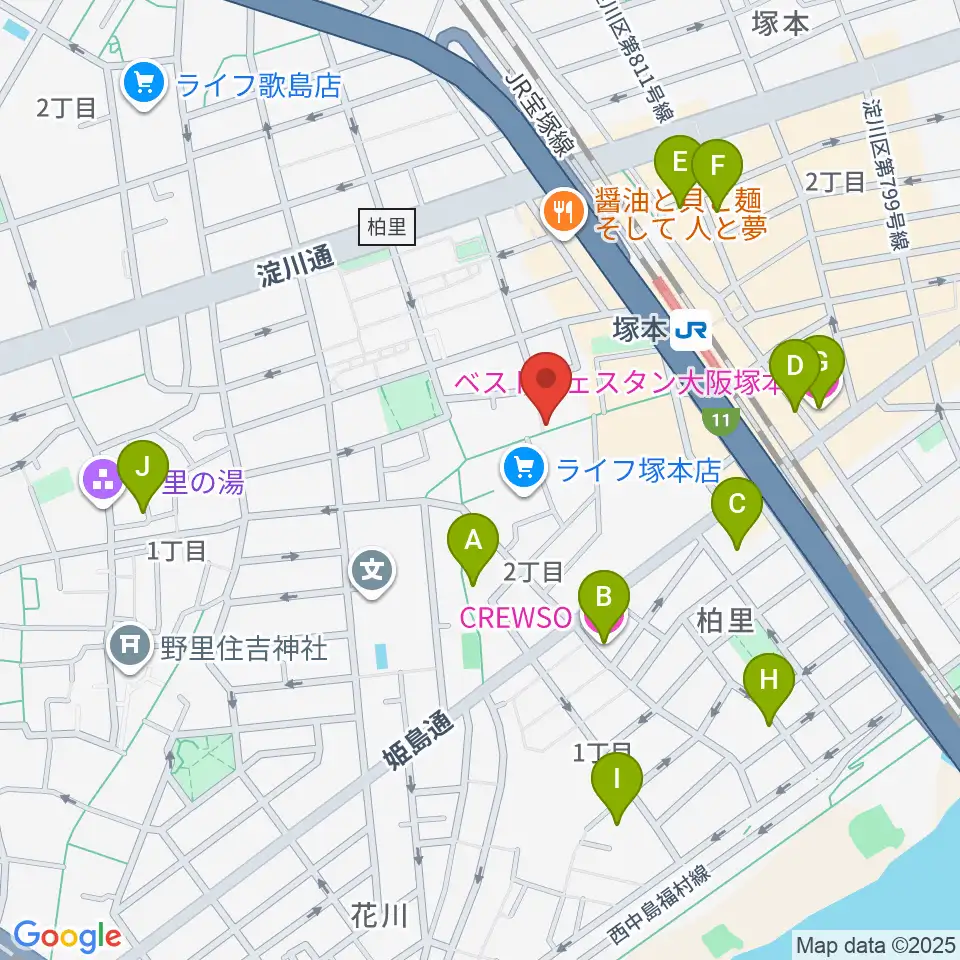 玉田ピアノ 塚本センター周辺のホテル一覧地図