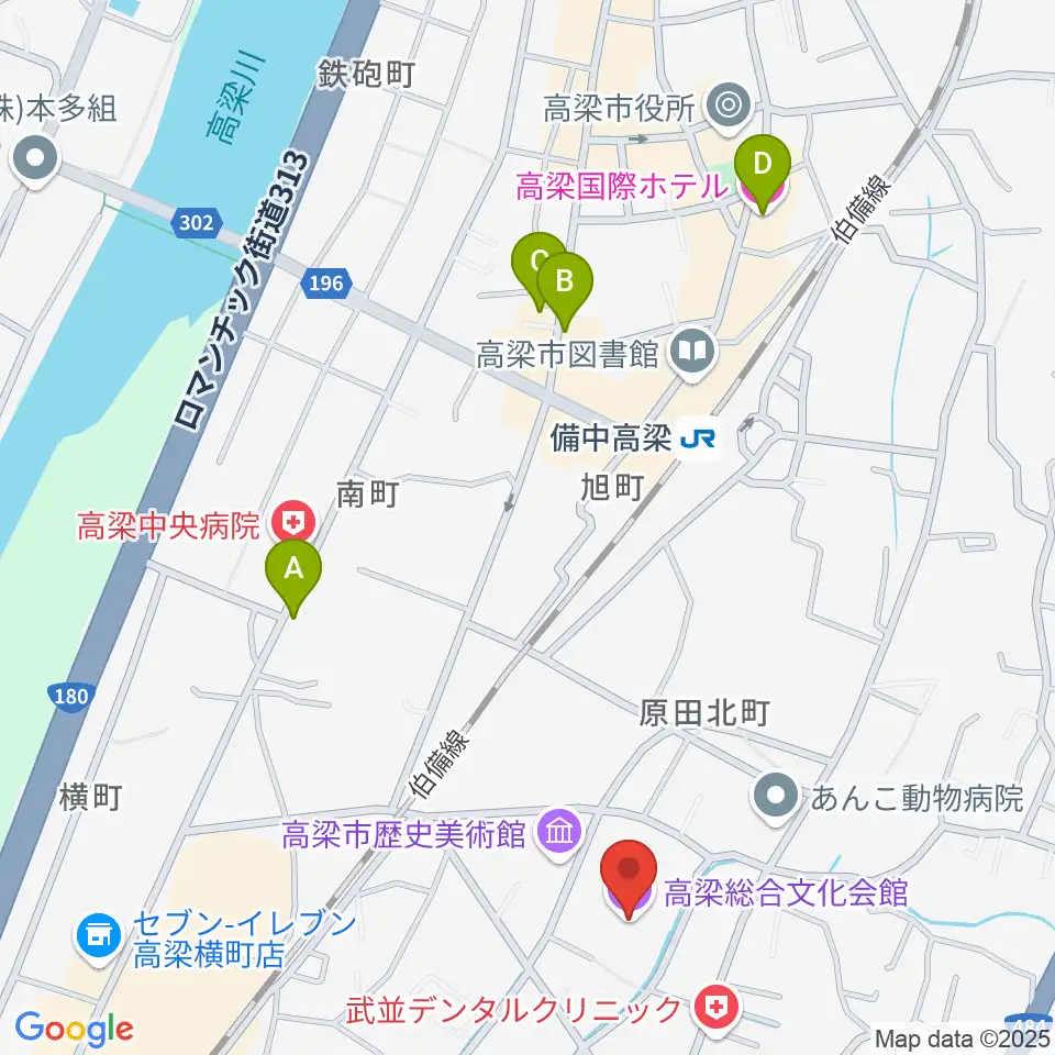 高梁総合文化会館周辺のホテル一覧地図