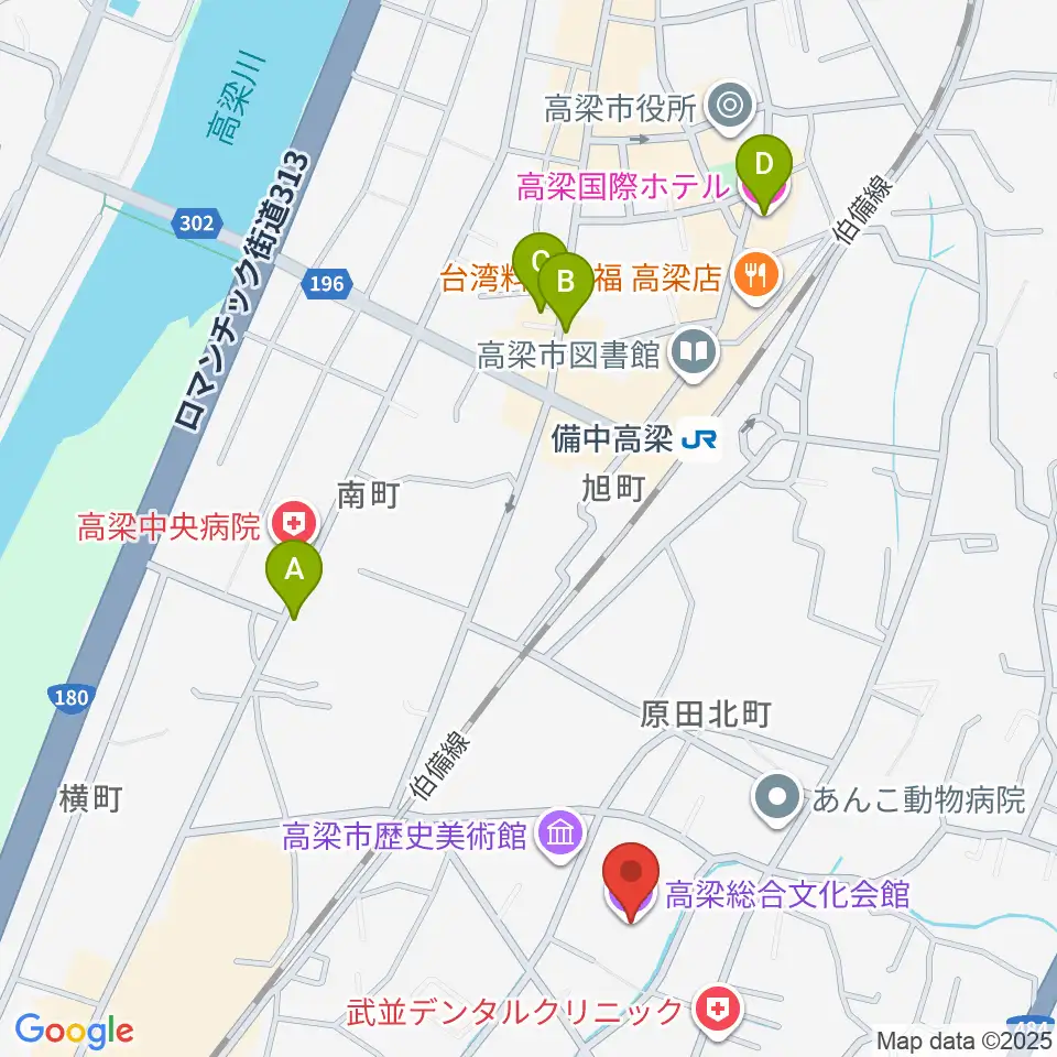 高梁総合文化会館周辺のホテル一覧地図
