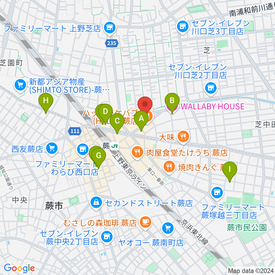 柏屋楽器 蕨ミュージックセンター周辺のホテル一覧地図