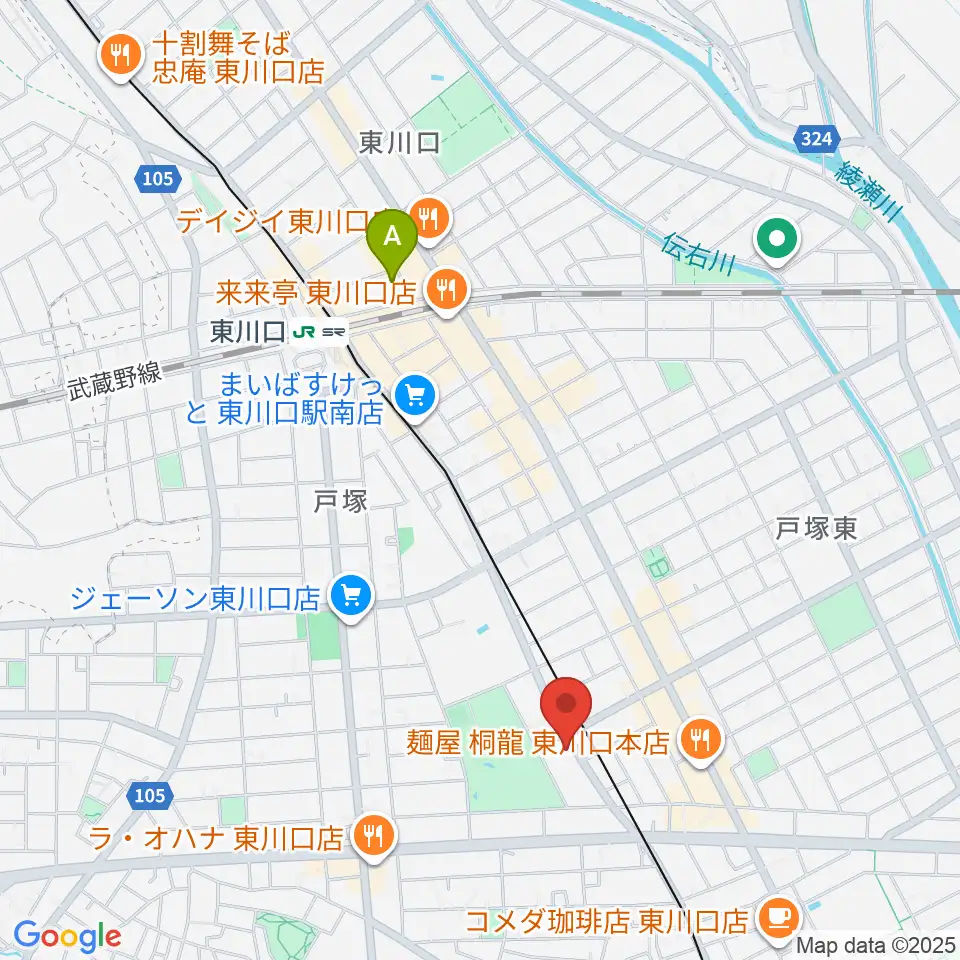 柏屋楽器 ミュージックサロン東川口周辺のホテル一覧地図