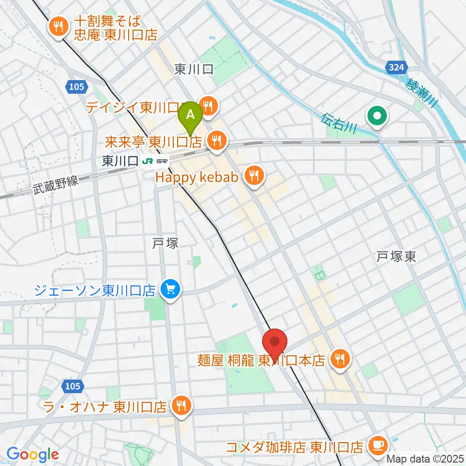 柏屋楽器 ミュージックサロン東川口周辺のホテル一覧地図