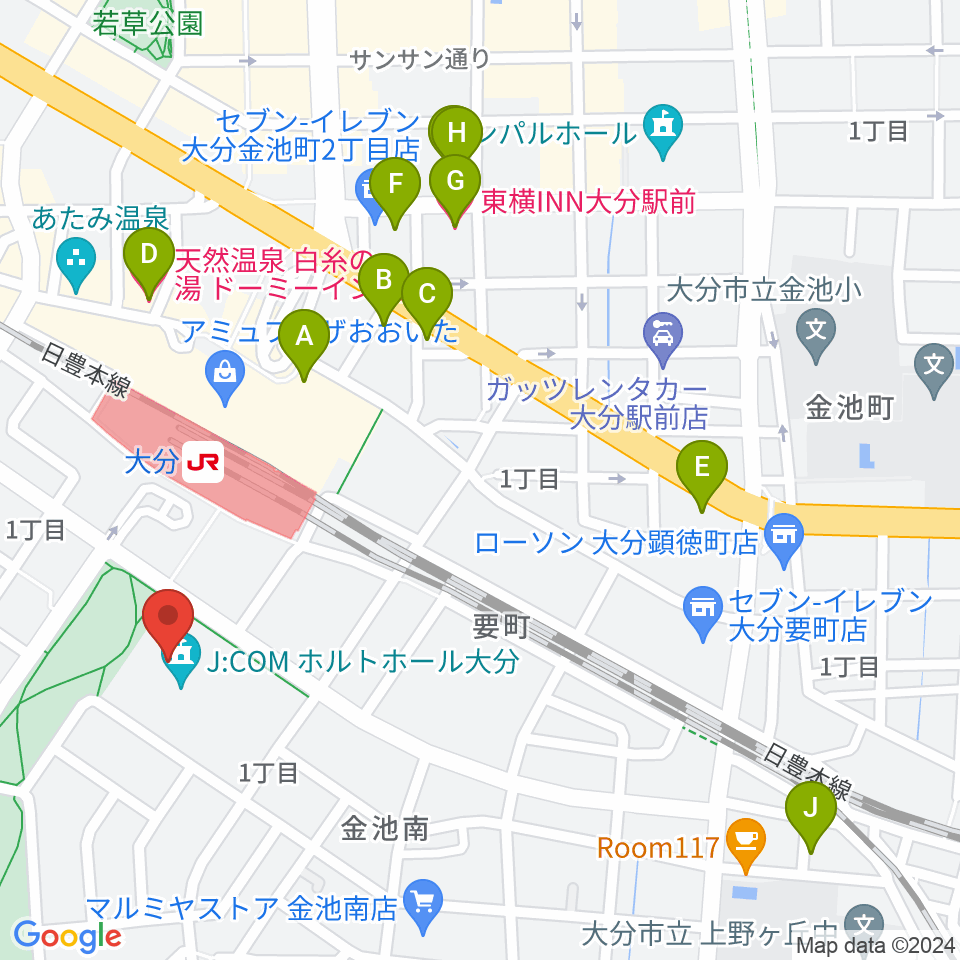 J:COM ホルトホール大分周辺のホテル一覧地図