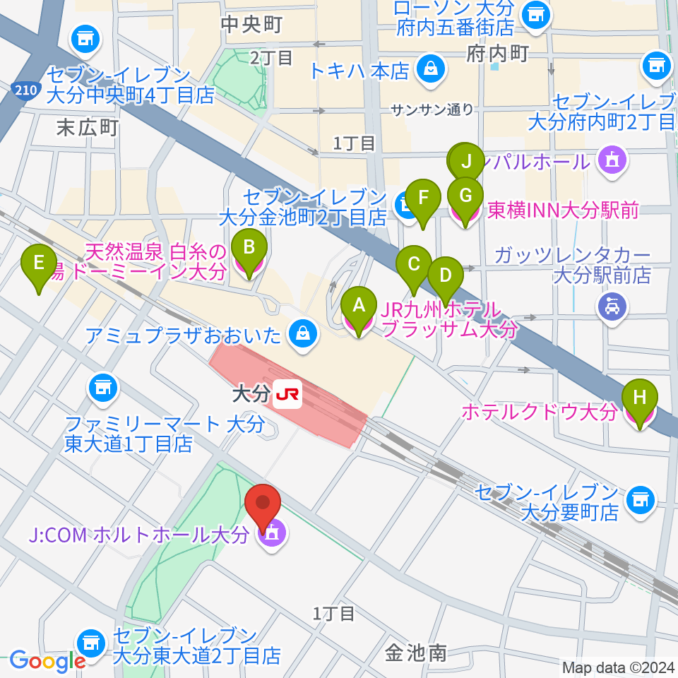 J:COM ホルトホール大分周辺のホテル一覧地図