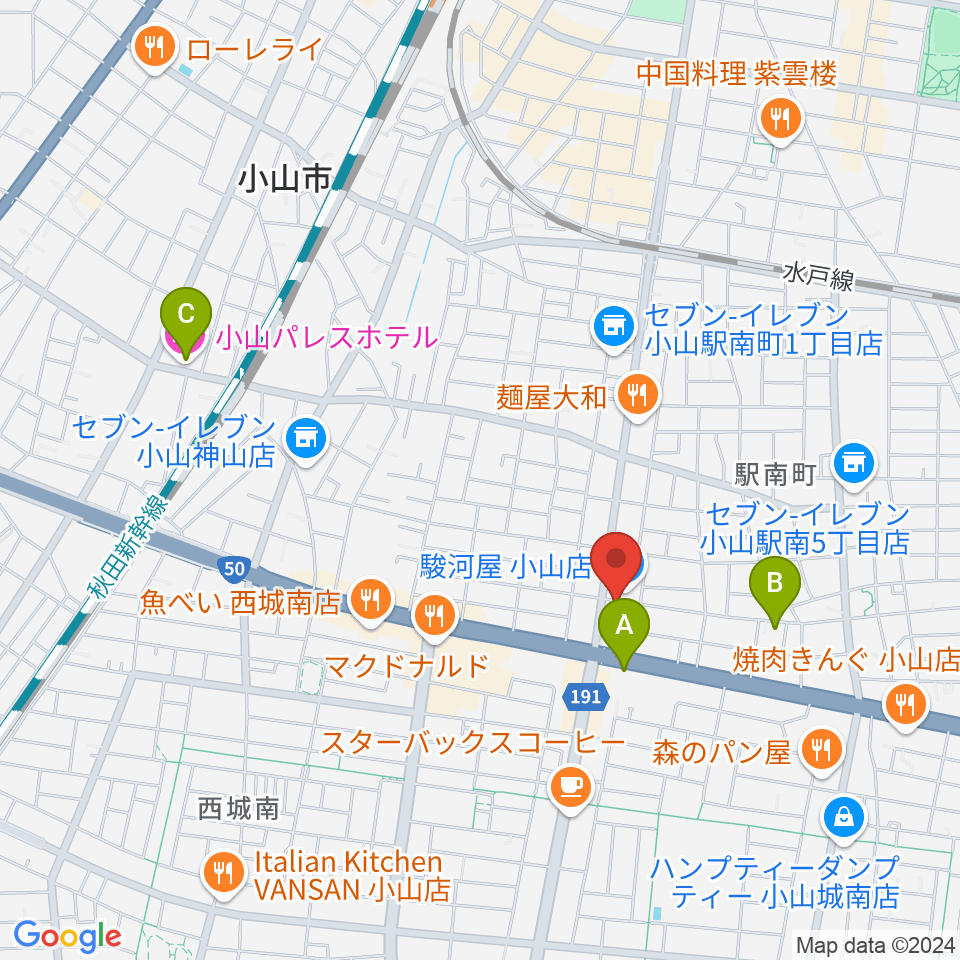 小山フェローズ周辺のホテル一覧地図