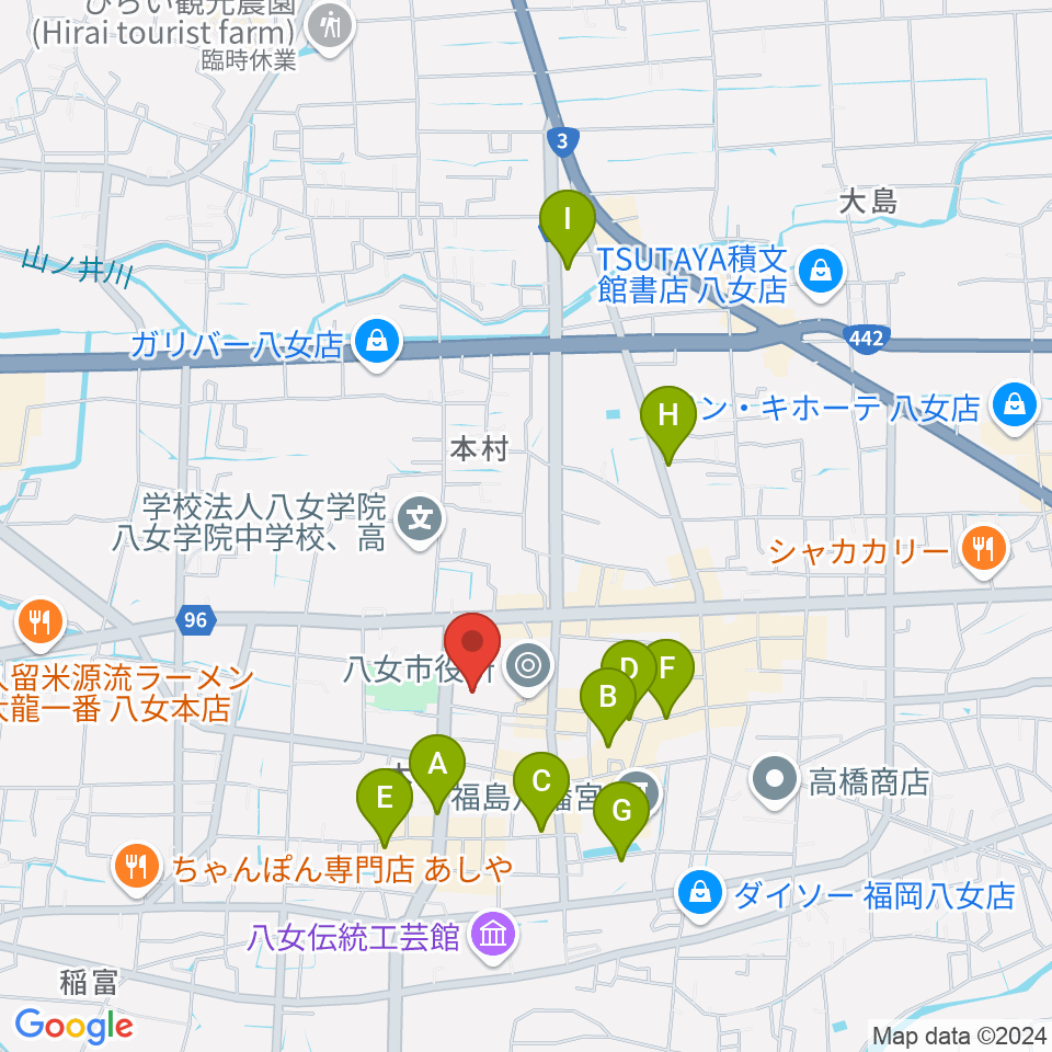 八女市民会館 おりなす八女周辺のホテル一覧地図