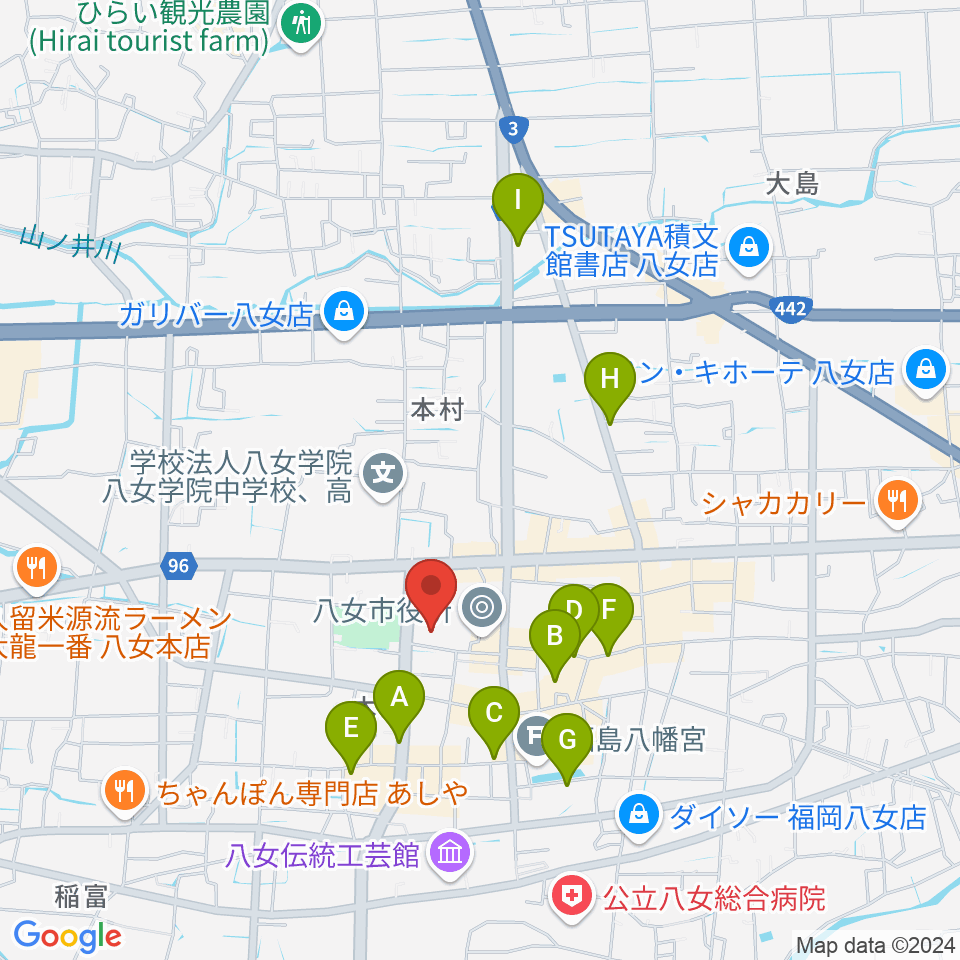 八女市民会館 おりなす八女周辺のホテル一覧地図