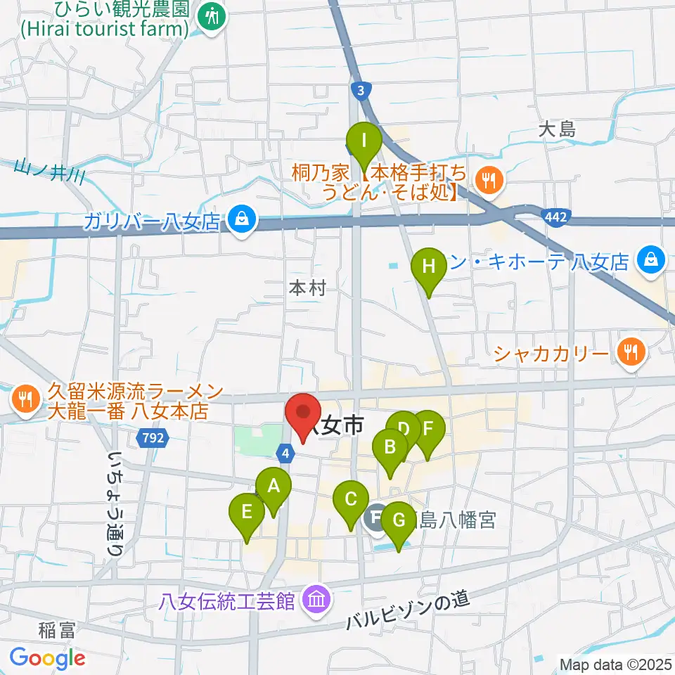 八女市民会館 おりなす八女周辺のホテル一覧地図