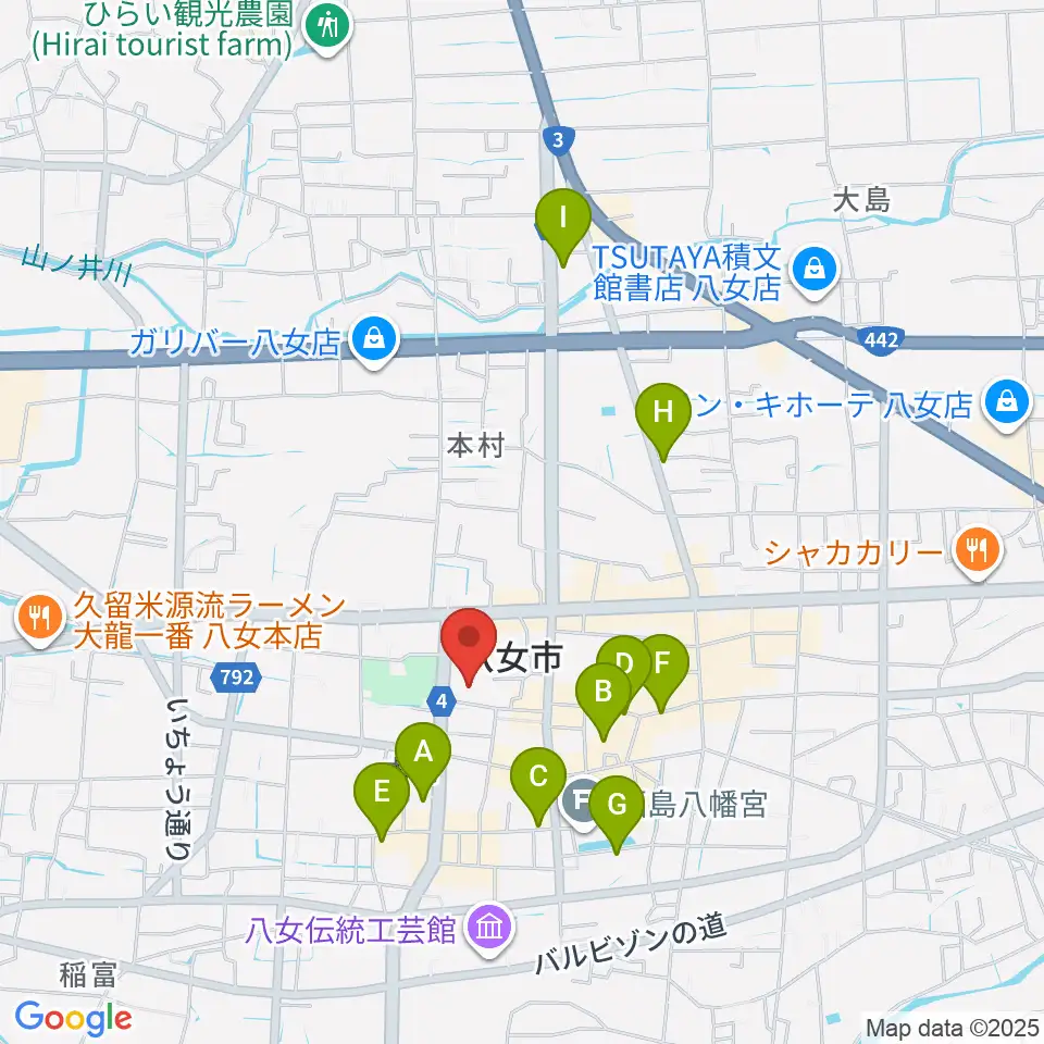 八女市民会館 おりなす八女周辺のホテル一覧地図