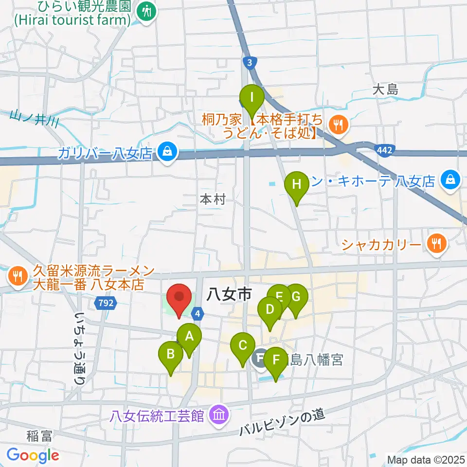 八女文化会館周辺のホテル一覧地図