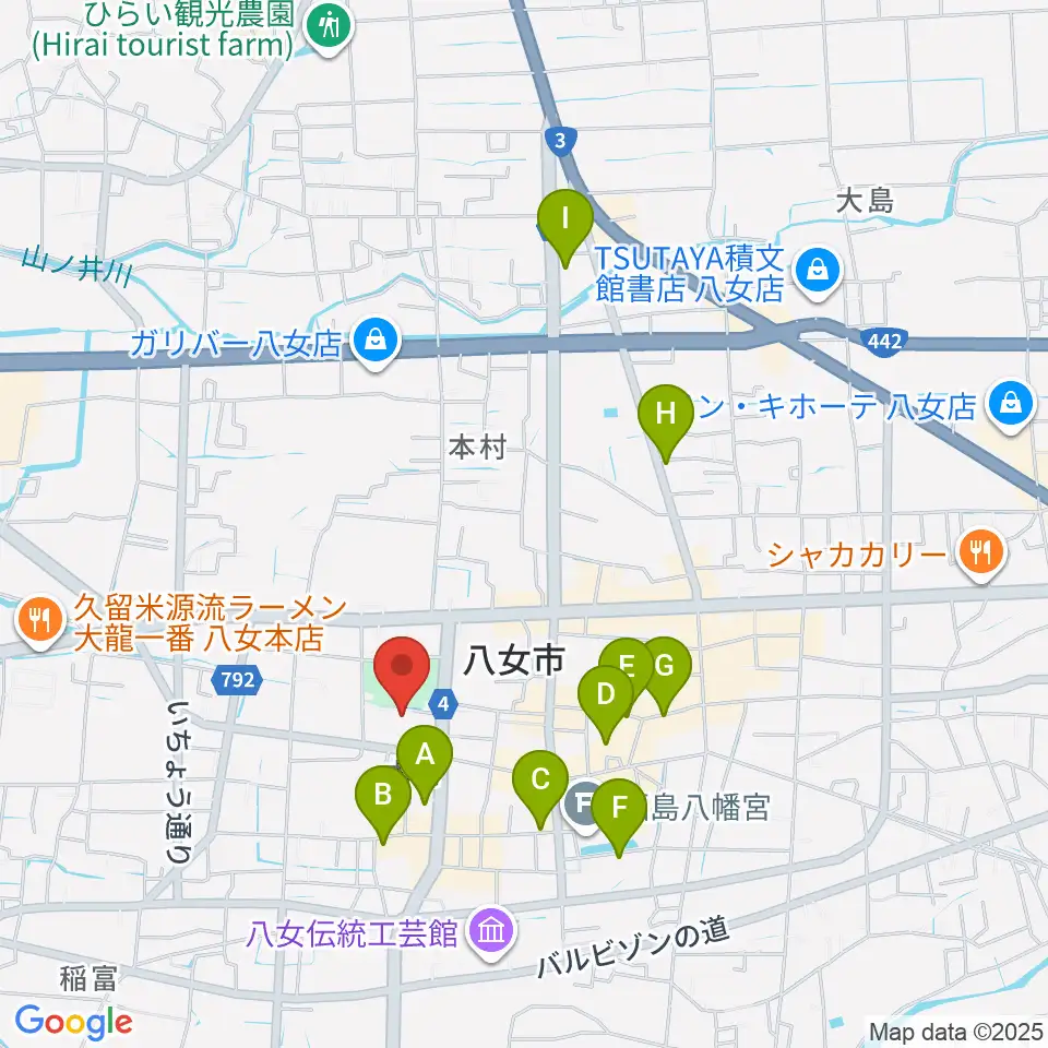 八女文化会館周辺のホテル一覧地図