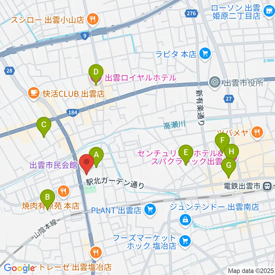 出雲市民会館周辺のホテル一覧地図