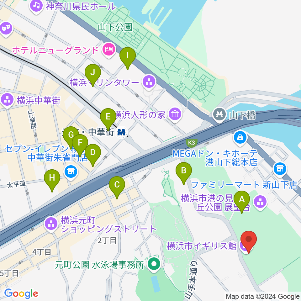 横浜市イギリス館周辺のホテル一覧地図