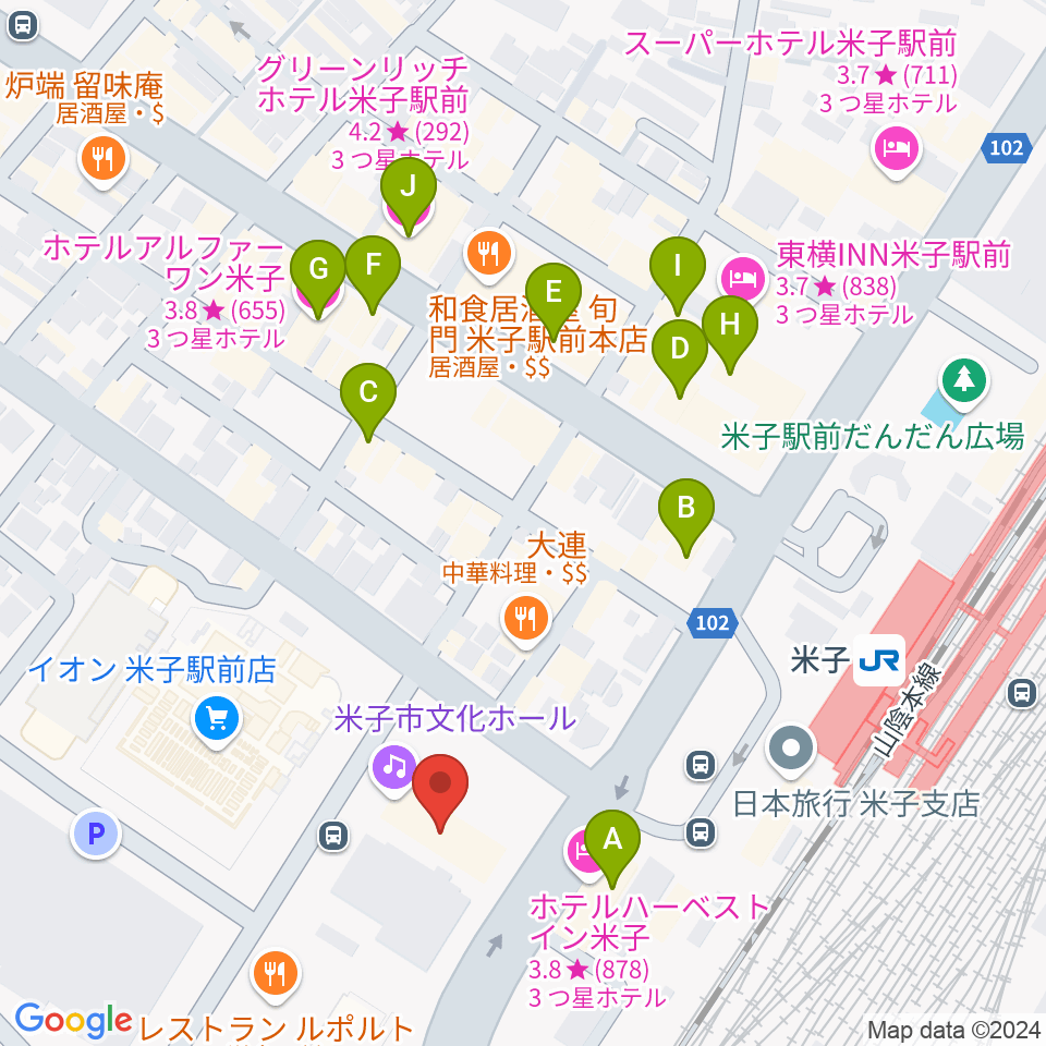 米子市文化ホール 練習室周辺のホテル一覧地図