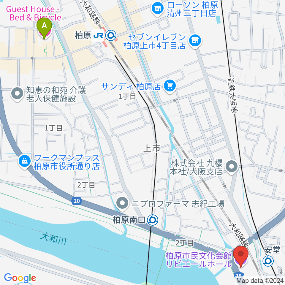 リビエールホール 柏原市民文化会館周辺のホテル一覧地図