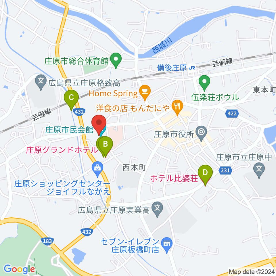 庄原市民会館周辺のホテル一覧地図