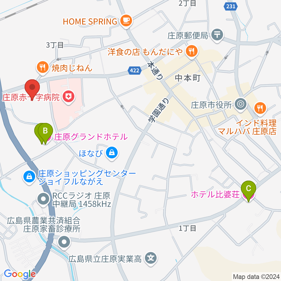 庄原市民会館周辺のホテル一覧地図