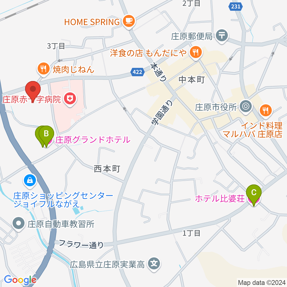 庄原市民会館周辺のホテル一覧地図