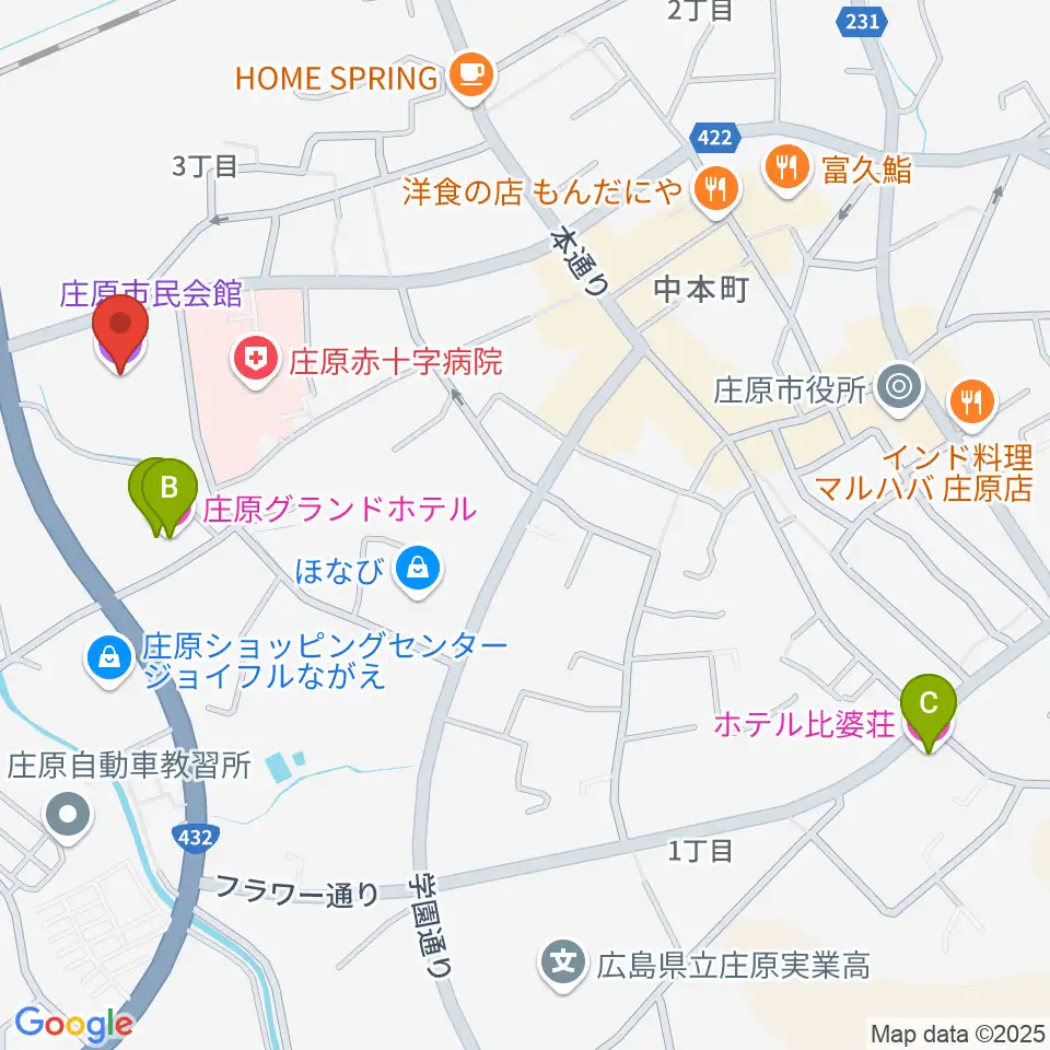 庄原市民会館周辺のホテル一覧地図