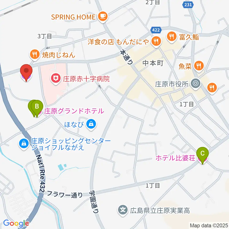 庄原市民会館周辺のホテル一覧地図