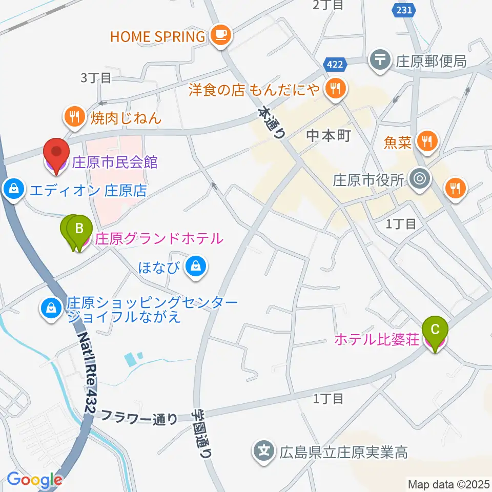庄原市民会館周辺のホテル一覧地図
