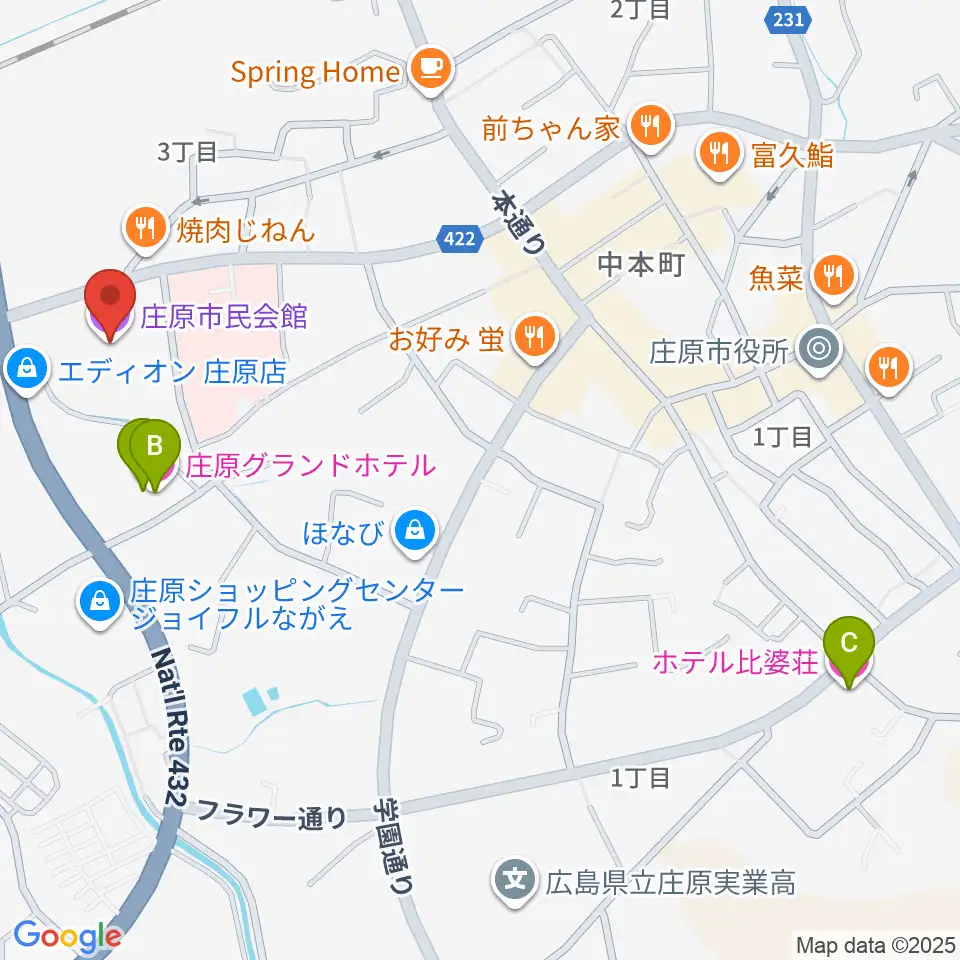 庄原市民会館周辺のホテル一覧地図